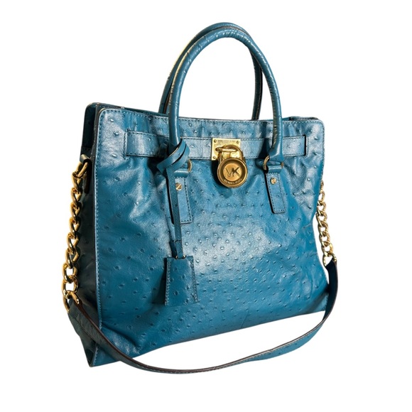 Michael Kors Turquoise Blue Leather Ostrich Embossed Latge Hamilton Tote Bag - Picture 1 of 12